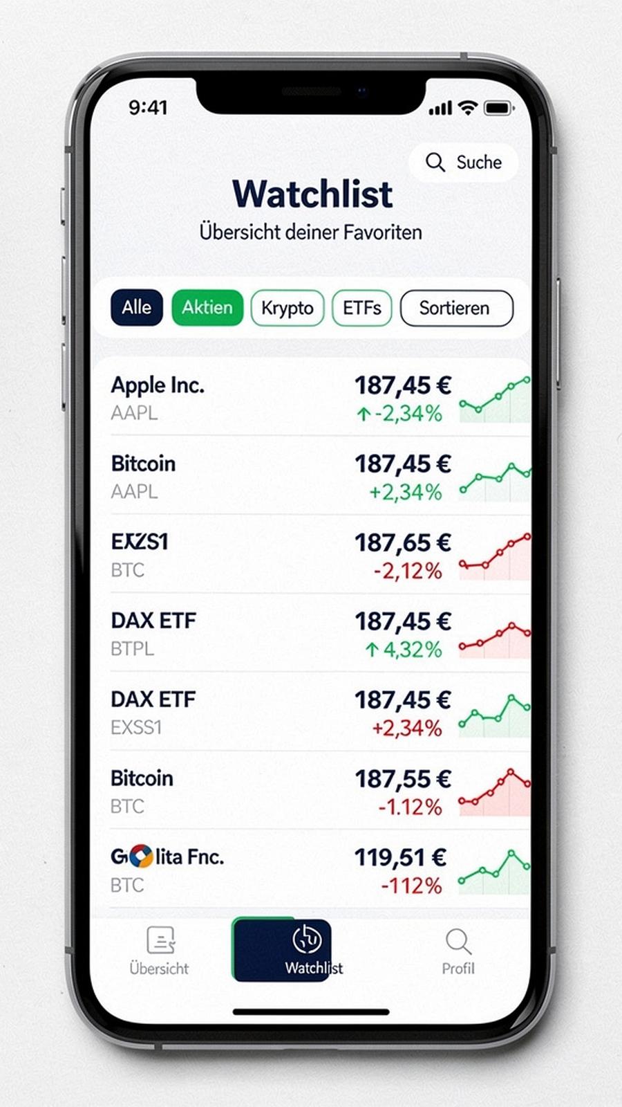 App-Screen: Watchlist mit Kursen