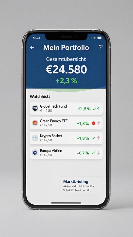 Smartphone-Screen mit Portfolio-Übersicht, Watchlist und Marktbriefing